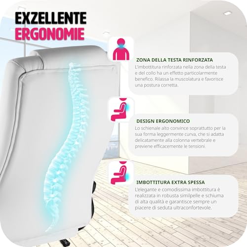 ® Sedia Ufficio, Imbottitura 12 cm, Sedia scrivania con Poggiatesta e Braccioli, Base con Rotelle, Sedia ergonomica con altezza regolabile, Inclinazione Continua, Poltrona Ufficio - Bianco - Sedia gaming - Immagine 5