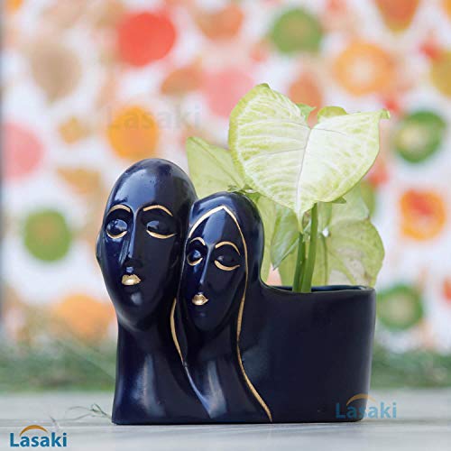 Image of Lasaki Couple Blue Gold Ceramic Pots for Indoor Plants, Planters, Flower, Pots, gamla, Outdoor, Balcony, Home, Garden, Office Decor, Succulent Pot(L - 16 X W - 10 X H - 14.5 cm)(Plants not Included)