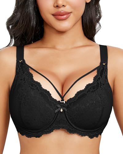 Svmer Women Sexy Lace Bras Plus Size Push Up Ladies Full Cup Comfort Bra All Black 42DD