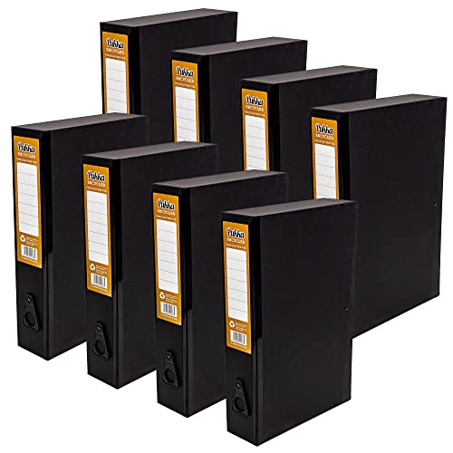 Pukka Pad, Recycled Card Paperboard Box Files for School and Office Document Organisation – Pack 8 – with Thumb Pull and Spine Labels - Black