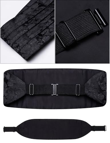Image of Paisley Floral Tuxedo Cummerbund Bow Tie Pocket Square Set for Men | 3-piece set:cummerbund,bow tie&pocket square.Adjustable back for comfort.Silk blend,wedding,proms,black tie&formal events.