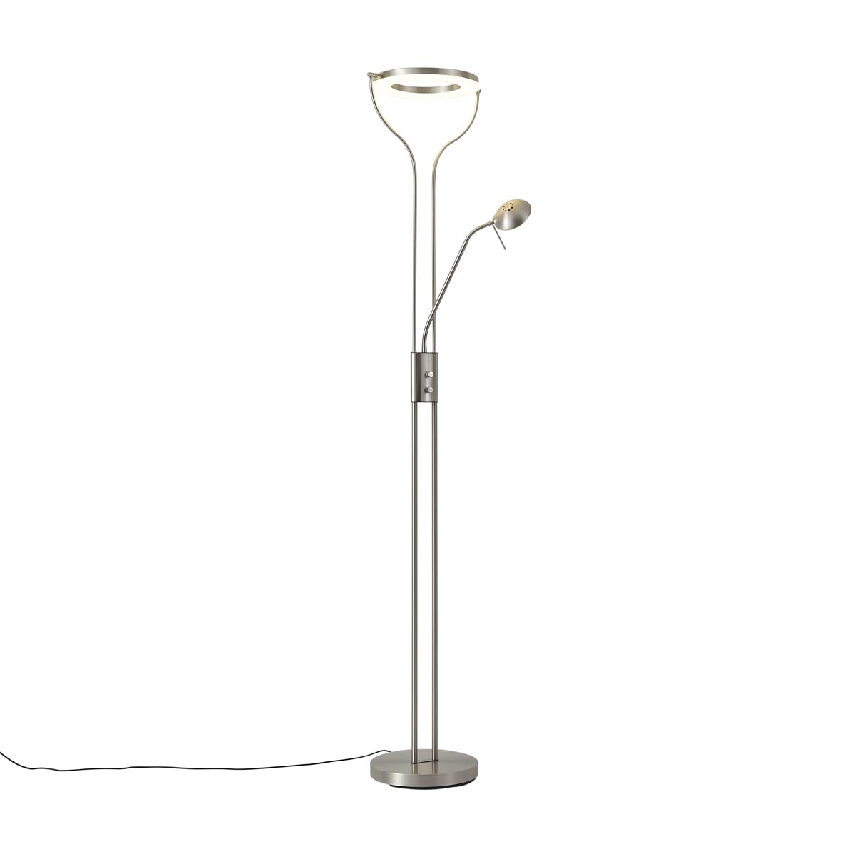 Qazqa led Modern Deckenfluter mit Lesearm, Stehleuchte, Stehlampe - Divo - Silber Farbe, inkl. 18W integrierter LED, dimmbar, 2-flammig, 195cm, Ideal als Bürolampe, Küche lampe, Schlafzimmerlampe