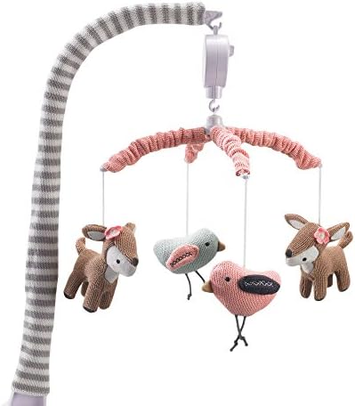 Lolli Living Baby Crib Musical Mobile w/Sparrow & Deers - Knitted Woodland Bird Safari Animal Characters | Hanging Decor w/Electronic Music Box for Newborn & Nursery Bedding/Crib | Baby Girl