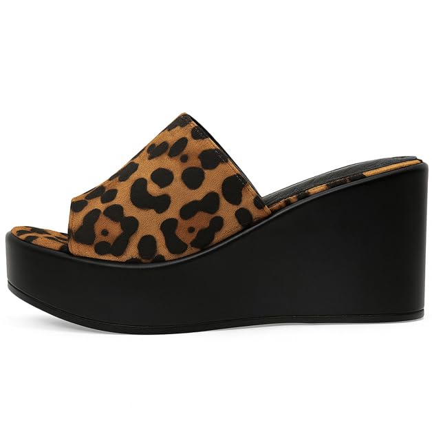 Image of Women's Leopard Print Platform Wedge Slide Sandals | Open Toe Slip-On High Heel Casual Dress Mules | Fashion Comfortable Summer Party Sandals for Women W-5150