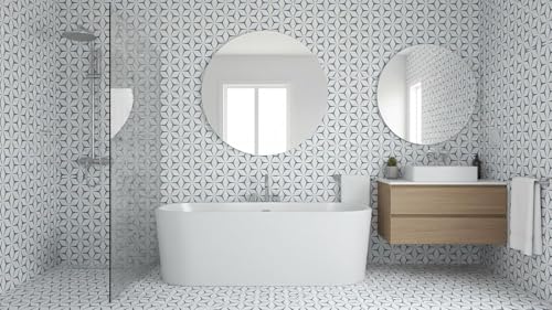 Image of KBR Blue & White Geometric Wallpaper (45 x 300 cm) - Minimal 3D Star Pattern Peel & Stick Self-Adhesive Waterproof Modern Wall Covering Roll for Living Room, Staircase, Kitchen & Cafe Decor
