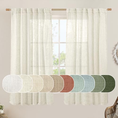 LAMIT Semi Sheer Linen Window Curtains 63 Inch Length, Light Filtering Neutral Curtain Panels Farmhouse Back Tab and Rod Pocket Drapes for Bedroom, Cream Ivory, 2 Panels, 52 x 63 Inch