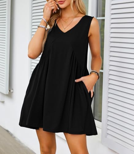 Womens Babydoll Dress Summer Sleeveless Mini Dress Casual Loose V Neck Swing Flowy Beach Sundresses with Pockets3