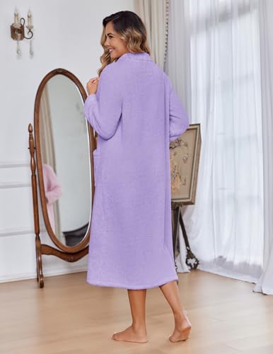 Image of Ekouaer Women Zipper Robe Fleece Long Sleeves Bathrobe Sleepwear Warm Soft Housecoat with Pockets Zip Up House Dresses