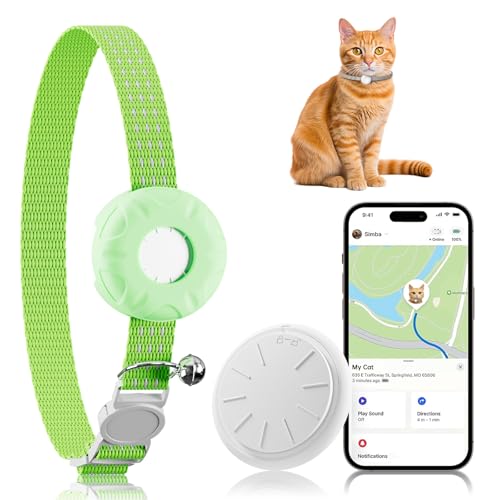 Image of GPS Tracker for Cats, Cat Tracker, Compatible with Apple Find My App (Only iOS), No Monthly Fee, Waterproof, Breakaway Collar Included(White Tracker, Green Cat Collar)