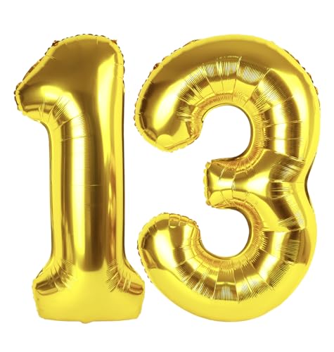 Image of Gold Number 13 Balloon 40 inch, 13 Number Balloons, 13th Gold Birthday Decorations, 13 Year Old Golden Party Supplies