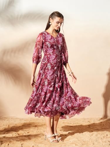 Image of Miss Chase Women's Multicolored Black Floral V-Neck 3 /4 Sleeve Wrap Chiffon Midi Dress