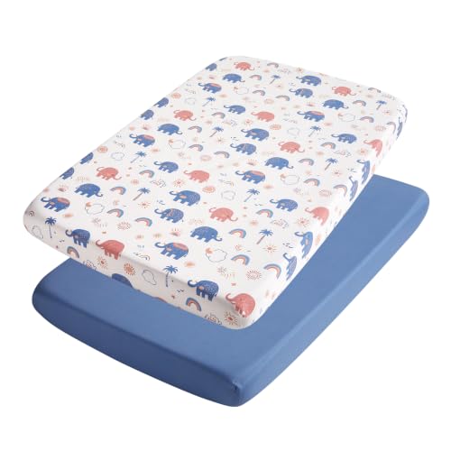 Image of TILLYOU Mini Crib Fitted Sheets - Soft Knit Sheet for Pack N Play, Microfiber Mini Crib Sheets, 38 x 24 Playpen Bedding Sheet for Baby 2 Pack, Machine Washable, Elephant Rainbow
