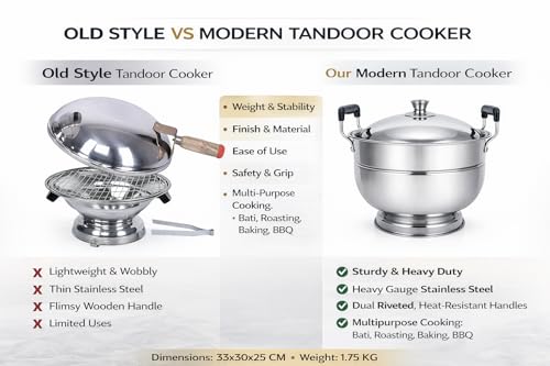 Image of Stainless Steel Bati Cooker & Gas Tandoor for Home Kitchen | Heavy Ghee Pot | Free SS Tong | Multi-Purpose Gas Oven with Heavy Duty Lid, Dual Riveted Handle (Regular)