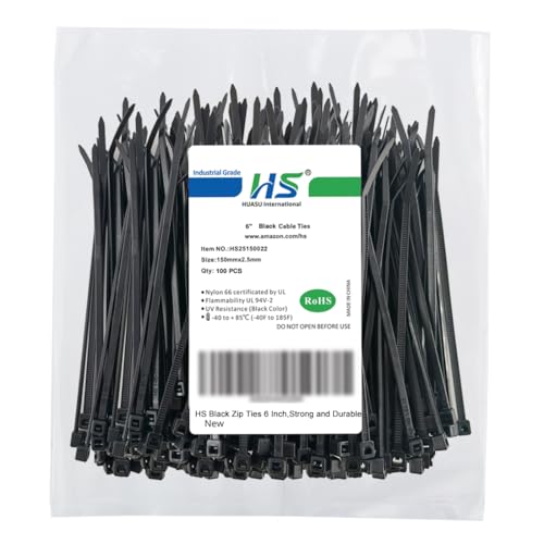 HS 6 Inch Zip Ties Black 18 Lbs Tensile Strength Thin Straps (100 Pack) Nylon PA66 UV Resistant Self-Locking Small Electrical Plastic Cable Wire Zipties for Outdoor Indoor Use Multi Purpose