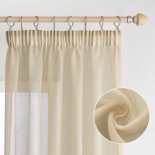 EMEMA Voile Sheer Curtains with Ribbon for Curling Transparent Polyester Scarf Goggle Scarf Decorative Airy for Bedroom 2 Pieces 140 x 215 cm Light Khaki - Image 2