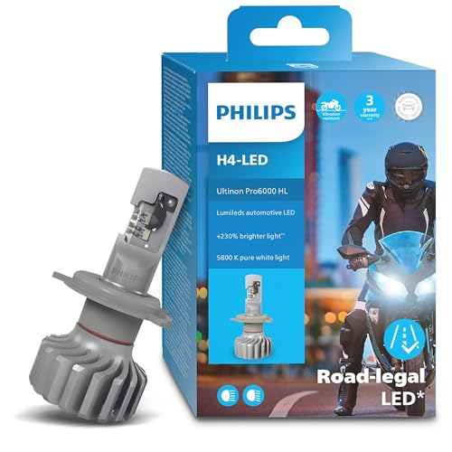 Philips Ultinon Pro6000 H4-LED Motorrad Scheinwerferlampe mit Straßenzulassung +230% helleres Licht 5.800K