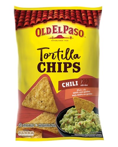 Old El Paso Nachos Sabor Chili, 100% Granos de Maiz, Picante Suave, Sin Gluten, Sin Conservantes, Aptas para Vegetarianos, Ideal para Compartir con Amigos, 1 Bolsa x 185g