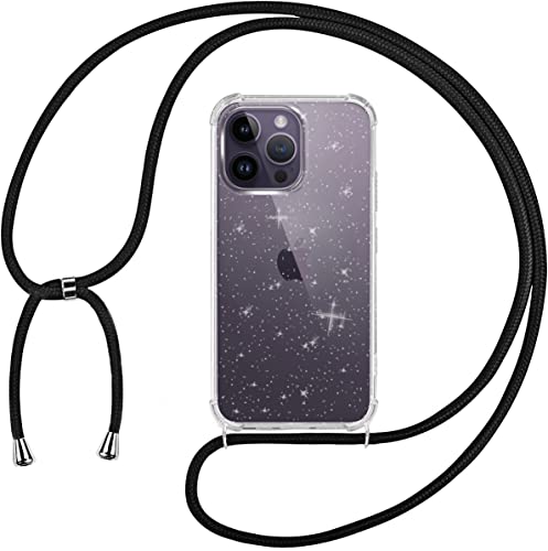 Tikgue Funda con Cuerda para iPhone 14 Pro, Carcasa Glitter Brillante Transparente TPU Suave Silicona Capa con Colgante Ajustable Collar Correa de Cuello Colgar Cordón - Negro Cover