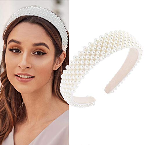 Pearl Headband for Women Girls - White Beaded Pearls Wide Hairband Party Headwear Headdress Wedding Hair Hoop Elegant Headbands (White(S))