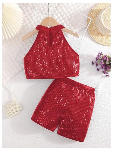 Image of OYOANGLE Girl's 2 Piece Outfit Sequin Sparkle Halter Neck Tank Top and Shorts Set