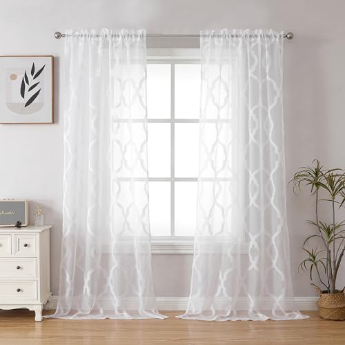 Image of OWENIE Faud Sheer Curtains 54 Inch Length 2 Panels Set for Living Room, White Textured Short Curtains with Geometric Jacquard Clip Design, Farmhouse Chic Girls Nursery Window Drapes, W42 x L54