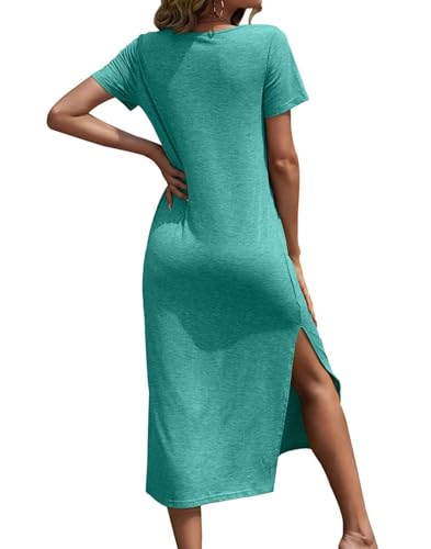 Image of Dyexces Women Summer T Shirt Dress Casual Short Sleeve V Neck Maxi Dresses Loose Side Slit Long Tshirt Dress with Pockets