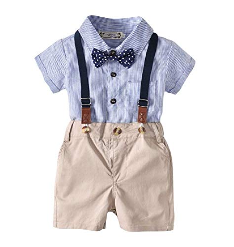 Baby Boys Short Sleeve Gentleman Outfits Suits Infant Overalls Clothing Set Blue Shirt+Bib Pants+Tie (0-3 Years)