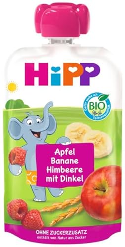 HiPP Bio Quetschie Apfel Banane Himbeere mit Dinkel - Eddi Elefant (8 x 100g), ab 1 Jahr, Früchte mit Vollkorn, ohne Zuckerzusatz, vegan, in bester Bio-Qualität