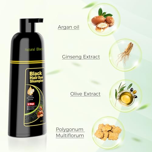 Black Hair Dye Shampoo 3 in 1，Argan Natural Herbal Formula Hair Color Shampoo Covers Gray Hair for Women and Men (16.9 fl.oz Black)