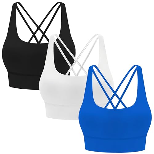 Image of MIRITY 3-Pack Strappy Sports Bras for Women - Criss Cross Back Padded Workout Yoga Top