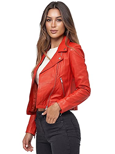 Tazzio Lederjacke Damen Echtleder Jacke im Biker Look mit coolen Zipper-Details & Reverskragen F507 (M, Rot)