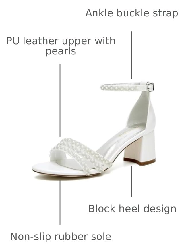 Image of White Women's Block Heel Sandal, Open Toe, Ankle Strap, Pearl Wedding Shoes for Bride, Bridesmaids, Mother of the Bride, Prom, Evening, Cocktail, Ball Gown
