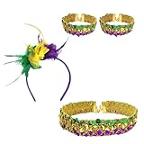 Aroncent Juego de 4 accesorios para disfraz de carnaval, diadema de plumas con gargantilla de lentejuelas, collar y 2 pulseras, color lila, verde y dorado, joyas para mujer, joyas para bailes de