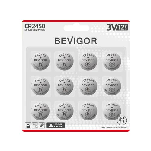 Bevigor 2450 Batterie Kompatibel mit Fitnessgeräten CR2450 Lithium 3V Münzbatterie für Kindersicherheit, Auto Alarm, passend für Schlüsselanhänger, Uhr und mehr (CR2450-12)