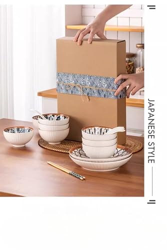 Image of Japanese Asian Cuisine Bowl Set, Ceramic Bowl Serving for Snack, Soup, Dessert, Salad, Noodle, Pasta, Oatmeal, Rice, White and Blue Porcelain Bowls for Kitchen, Dinner Bowl Set of 4