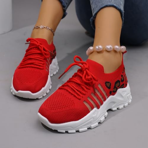 Women Trainers Sports Running Shoes Platform Lace Up Walking Shoe Knit Mesh Breathable Sneakers Leopard Print Jogging Shoes2