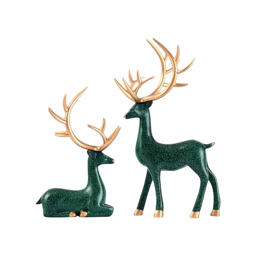 Lerpwige Lot de 2 figurines de renne de Noël avec 2 sculptures de cerf debout et assis, en résine avec structure détaillée, cadeau, étagère de Noël, décorations en résine