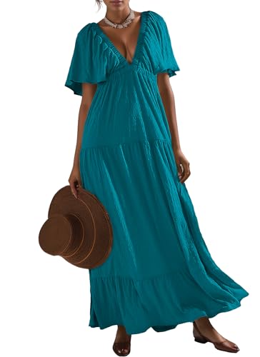 Image of Kikibell Women Summer Dresses Sexy V-Neck Maxi Dress Tiered Silhouette with Flutter Sleeve Backless Elastic Waist Flowy Dress