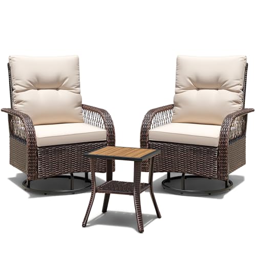 Devoko Patio Furniture Set Outdoor 3 Pieces Wicker Swivel Rocking Chairs Set of 2 with Coffee Table, Patio Conversation Set for Porch, Balcony, Deck, Garden (Brown)