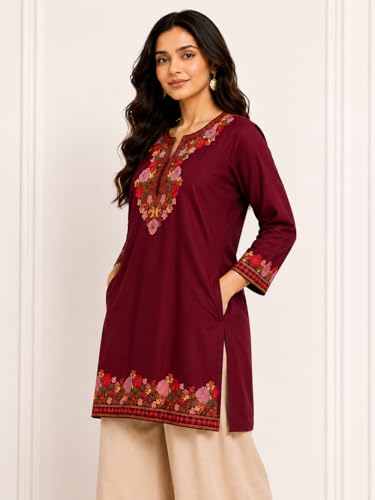 Image of HAUTEMODA Women Cotton Floral Embroidered Short Kurti, Tunic, Three-Fourth Sleeves, White