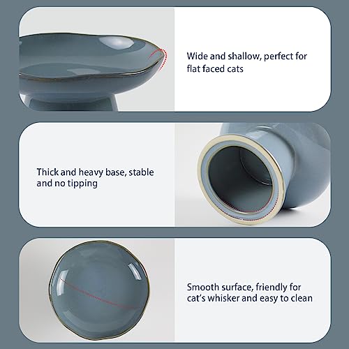 Image of Extra Wide 6.1 inch Ceramic Raised Cat Food Bowl, Shallow Elevated Pet Feeder for Food Feeding, Anti Vomiting Whisker Fatigue Bowls for Cat Puppy, Blue