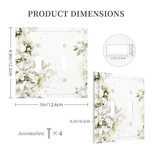 Decorative Switch Plate Covers Rustic Ink Green Leaves White Florals Flower 2 Gang Light Switch Cover Plate Unique Double Toggle Wall Plate Light Switch Covers for Bedroom Decor
