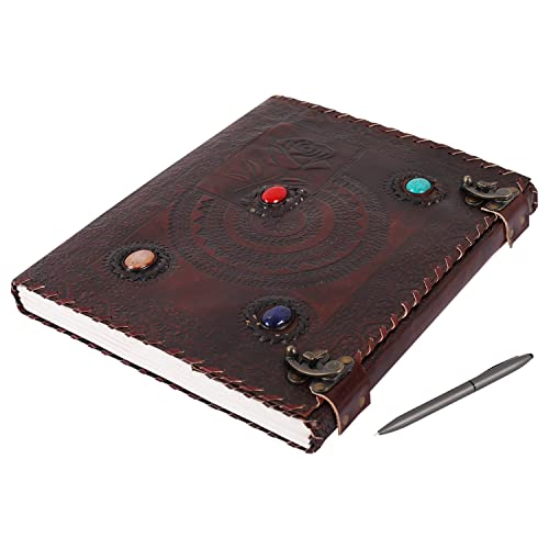 Carnet en cuir vintage fait main avec 4 pierres naturelles et roses chakras 25x33 cm