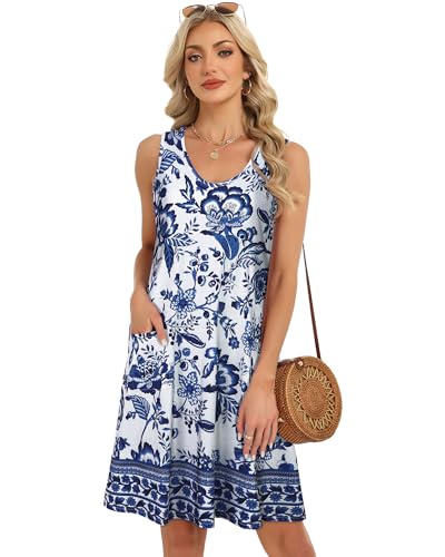 Image of elescat Womens Summer Dresses Casual V Neck Sleeveless Pockets Beach Loose Tank Sundress 2026