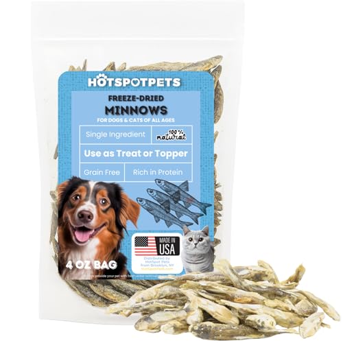Freeze-Dried Minnows for Cats & Dogs – 100% Natural Single Ingredient Snack – High Protein, Grain-Free, Raw Diet Dog Treats – Omega-3 Fish – No Additives or Preservatives Minnows for Cats (4 Ounce)
