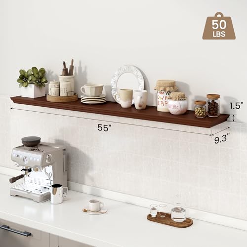 Image of 55 Inch Floating Shelves for Wall, 9.3 inch Deep Crown Molding Wood Display Shelf with Heavy Duty Invisible Brackets for Living Room, Bedroom, Bathroom, Kitchen Decor & Storage, Set of 1, Walnut Finish