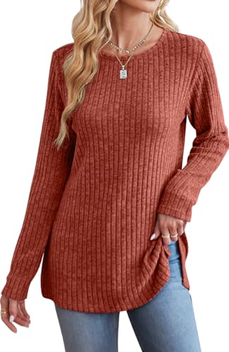 Image of Jescakoo Long Sleeve Shirts for Women Crew Neck Fall Tops Side Split Lightweight Tunic Sweaters Fashion Clothes 2025 S-4XL