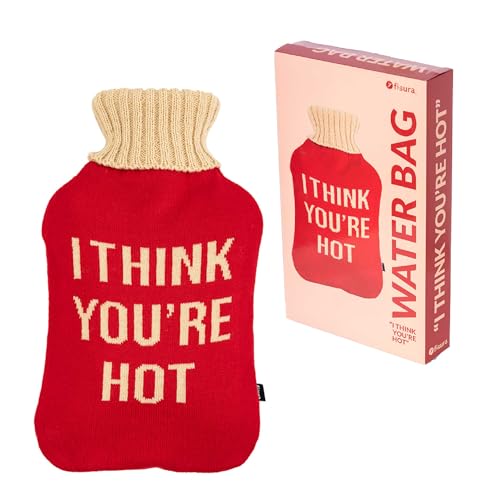 Fisura – Bolsa de agua caliente “I think you're hot” roja y beige ja. Bolsa de agua caliente de 2 L. Bolsa de agua calor con funda suave. Bolsa para alivio del dolor. Lavable.