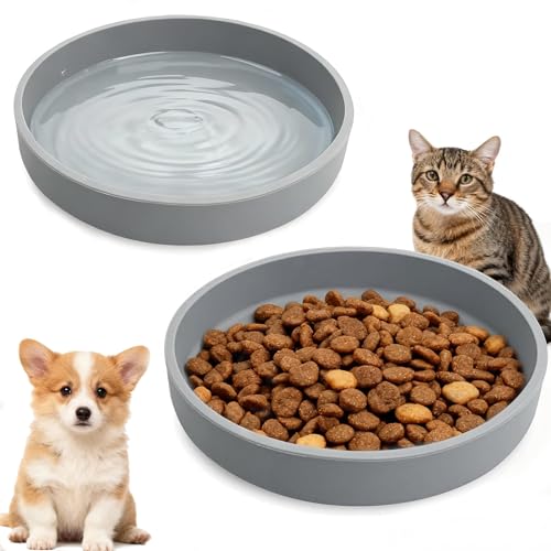 JIX SDFFAY Silicone Cat Bowl Shallow Non-Slip Cat Dishes Set of 2 Relief Whisker Fatigue Small Pet Dog Bowls for Dry & Wet Food (Round Grey)