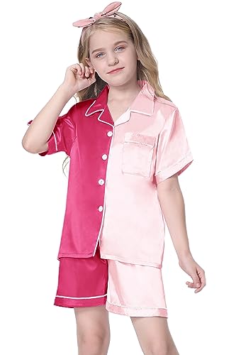 Image of Schbbbta Girls Womens Pajamas, Satin Silky Pjs Set Kids 2Pcs Button-Down Nightwear Sleepwear Gift for Mommy and me